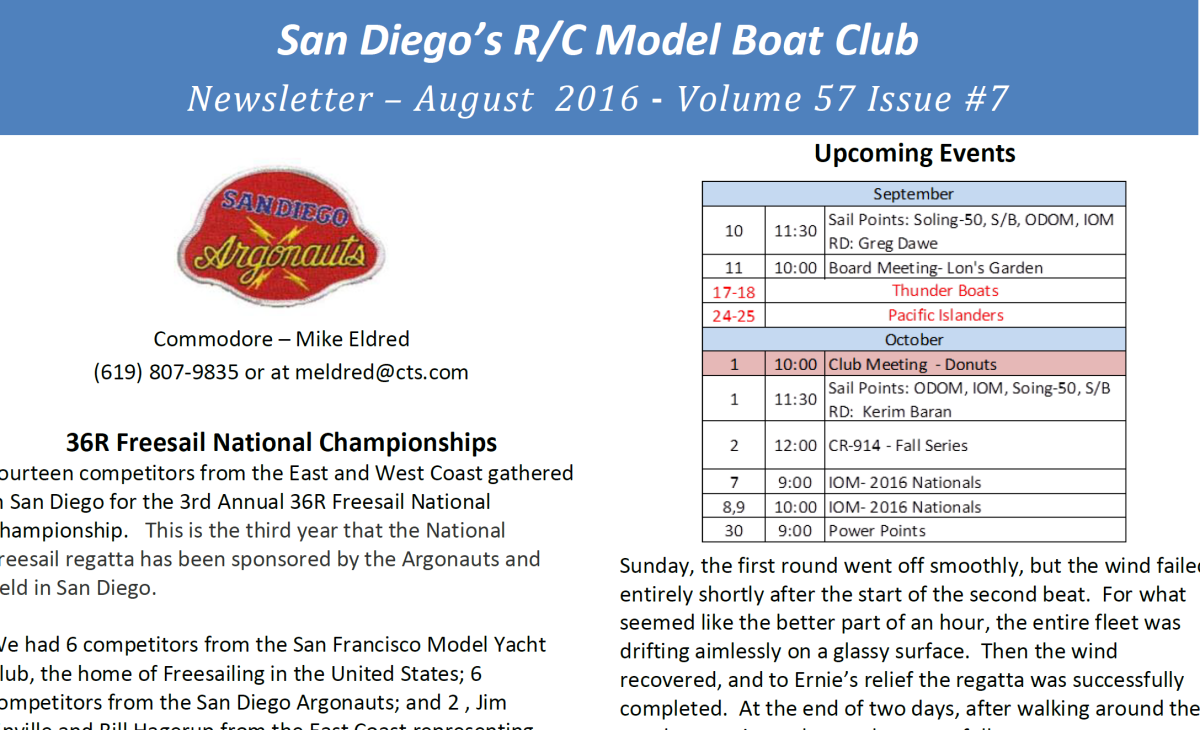 August 2016 San Diego Argonauts Newsletter