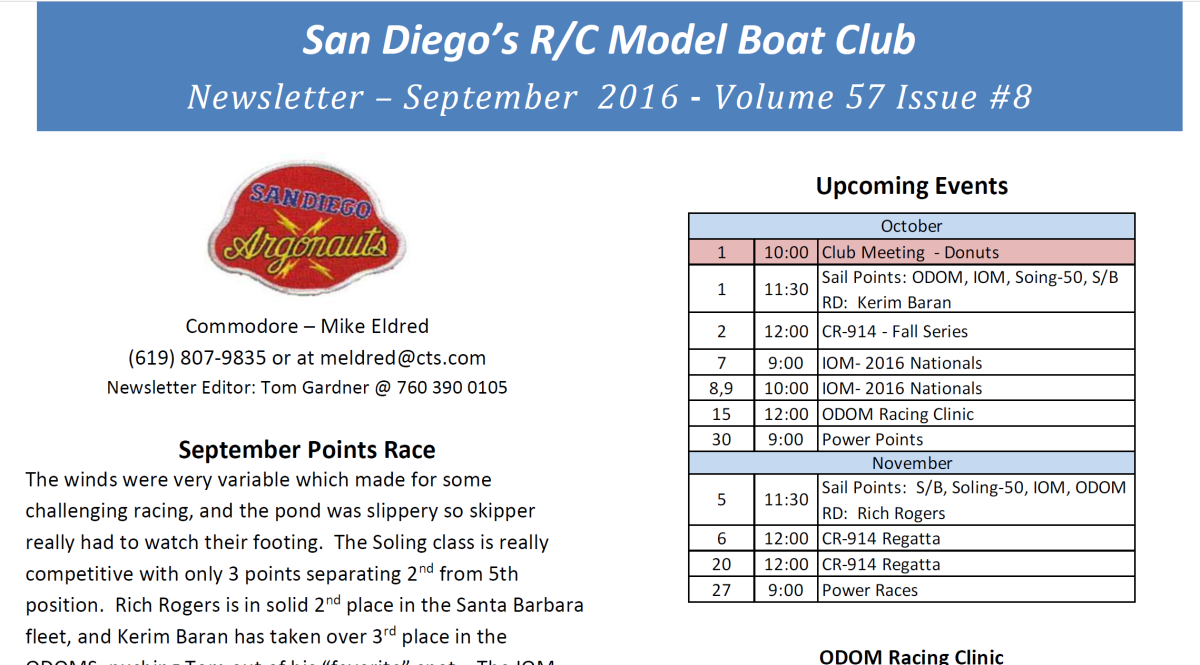 September 2016 San Diego Argonauts Newsletter