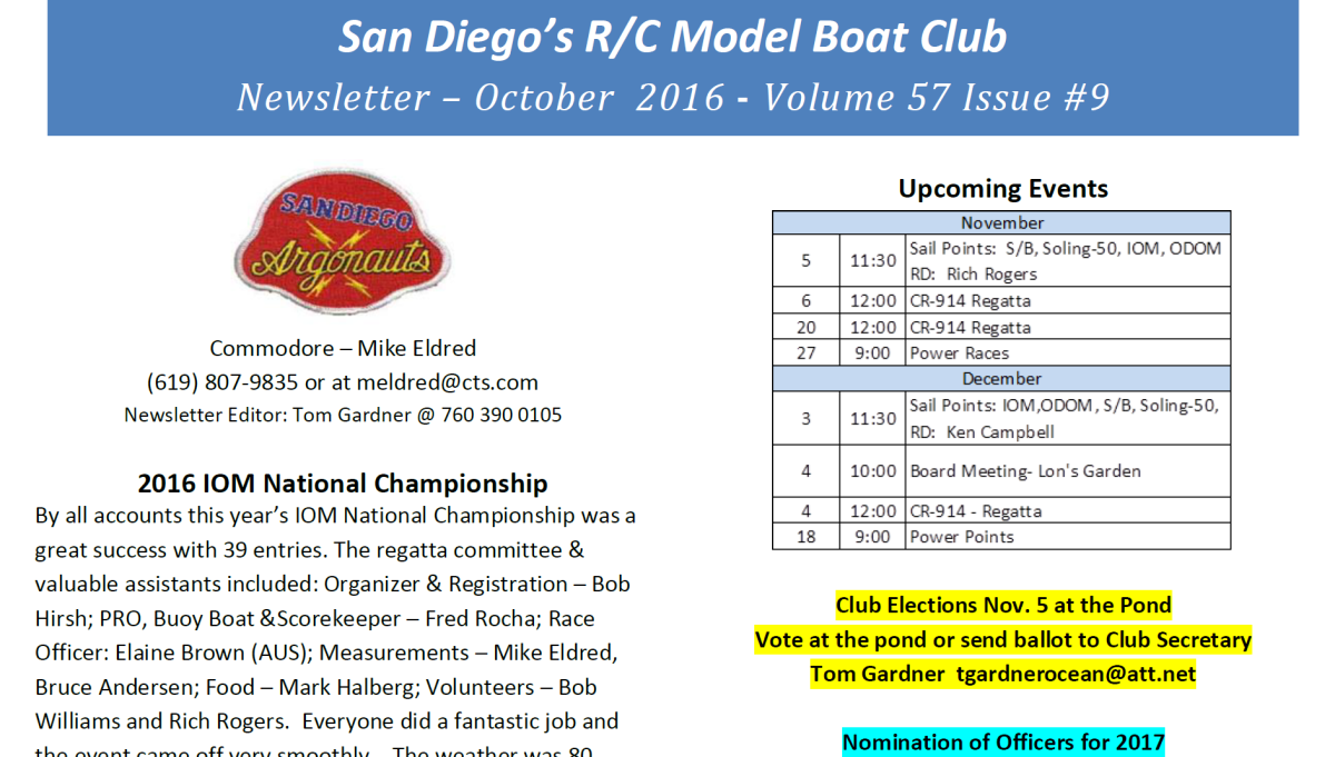October 2016 San Diego Argonauts Newsletter