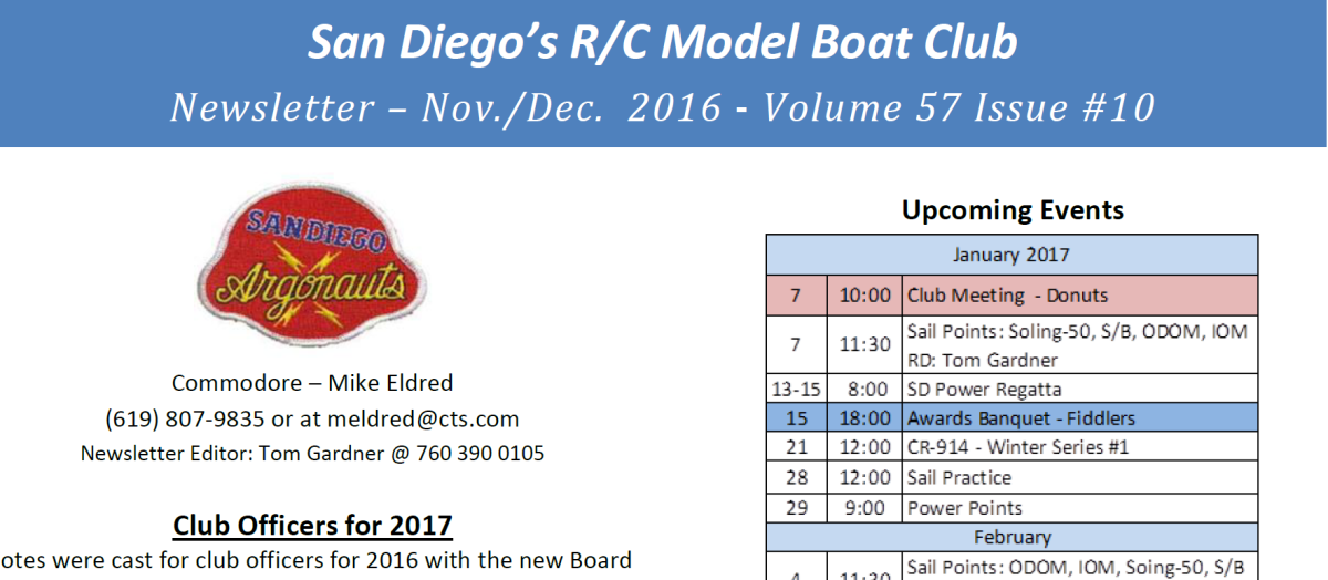November / December 2016 San Diego Argonauts Newsletter